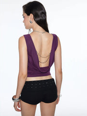 High Stretch Boat Neck Backless Chain Detail Draped Crop Tank Top