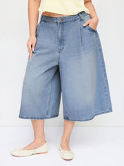 Washed Denim Mid Rise Strawberry Graphic Wide Leg Bermuda Shorts Curve & Plus