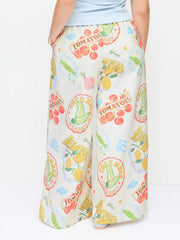 Cotton Mid Rise Fruit Graphic Wide Leg Trousers Curve & Plus