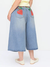 Washed Denim Mid Rise Strawberry Graphic Wide Leg Bermuda Shorts Curve & Plus
