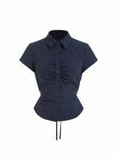 Striped Short Sleeve Ruched Drawstring Shirt