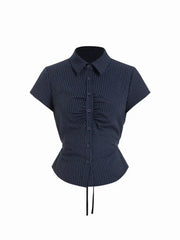 Striped Short Sleeve Ruched Drawstring Shirt