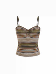 Stripe Sweetheart Neck Lace Trim Ruched Cami Top