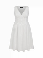 Cotton-blend Sculptural V-neck Broderie Anglaise Floral Lace Trim Button Midi Dress Curve & Plus
