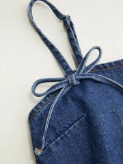 Denim Floral Embroidery Bowknot Oversized A-line Mini Dress