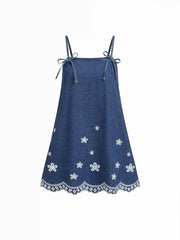 Denim Floral Embroidery Bowknot Oversized A-line Mini Dress