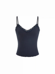 Textured V-neck Lace Trim Cami Top