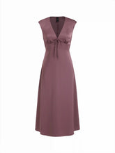 Satin V-neck Twist Knotted A-line Maxi Dress