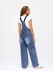 Petite Denim Washed Low Rise Metal Detail Wide Leg Oversized Overalls