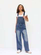 Petite Denim Washed Low Rise Metal Detail Wide Leg Oversized Overalls