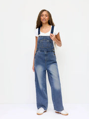 Petite Denim Washed Low Rise Metal Detail Wide Leg Oversized Overalls