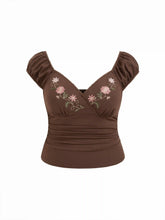 Cotton-blend V-Neck Floral Embroidery Ruched Puff Sleeve Top Curve & Plus