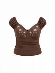 Cotton-blend V-Neck Floral Embroidery Ruched Puff Sleeve Top Curve & Plus