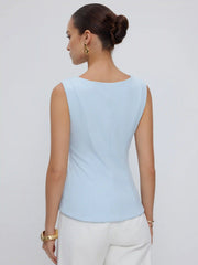 Boat Neck Button Front Flap Detail Blazer Vest
