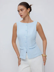Boat Neck Button Front Flap Detail Blazer Vest