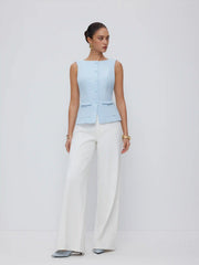 Boat Neck Button Front Flap Detail Blazer Vest