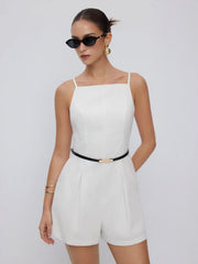 Linen-blend Square Neck Mid Rise Metal Detail Cami Romper With Belt