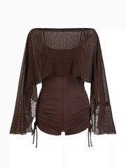 Textured Boat Neck High Rise Drawstring Slim Romper With Scarf