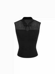 Knit Stand Collar Textured Bowknot Cut Out Vest