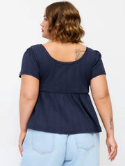 Cotton-blend Square Neck Babydoll Lace Trim Peplum Short Sleeve Top Curve & Plus