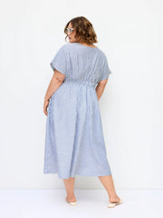 Cotton-blend V-neck Striped Ruched Button Maxi Dress Curve & Plus