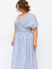 Cotton-blend V-neck Striped Ruched Button Maxi Dress Curve & Plus