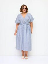 Cotton-blend V-neck Striped Ruched Button Maxi Dress Curve & Plus