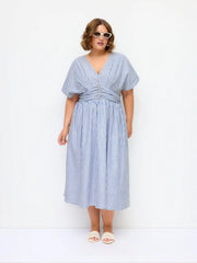 Cotton-blend V-neck Striped Ruched Button Maxi Dress Curve & Plus
