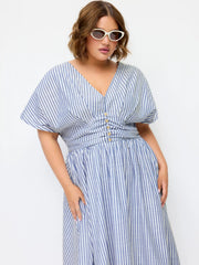 Cotton-blend V-neck Striped Ruched Button Maxi Dress Curve & Plus