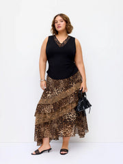 Chiffon Mid Rise Leopard Print Layered Maxi Skirt Curve & Plus