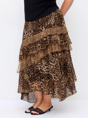 Chiffon Mid Rise Leopard Print Layered Maxi Skirt Curve & Plus
