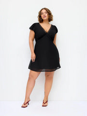 V-neck Ruffle sleeve Lace Panel A-line Mini Dress Curve & Plus