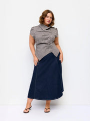 Stretch Denim Washed Mid Rise Oversized Midi A-Line Skirt