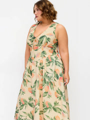 Fruit Graphic V-neck High Rise Draped Flared Maxi Dress Curve & Plus