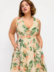 Fruit Graphic V-neck High Rise Draped Flared Maxi Dress Curve & Plus