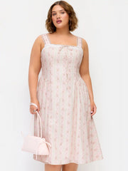 Cotton-blend Sculptural Square Neck Lace Trim Ditsy Floral Shirred Ruffled Maxi Dress Curve & Plus
