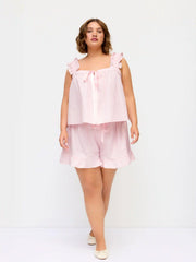 Textured Ruffled Stripe Bowknot Top & Mid Rise Micro Shorts Set Curve & Plus