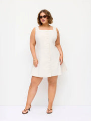 Linen-blend Braided Button Back Belt Square Neck Mini Dress Curve & Plus