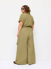 Textured Short Sleeve Draped Wide Leg Jumpsuit Curve & Plus