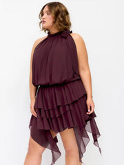 Chiffon Halter Neck Ruffled Ruched Mini Dress Curve & Plus