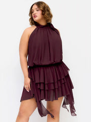 Chiffon Halter Neck Ruffled Ruched Mini Dress Curve & Plus