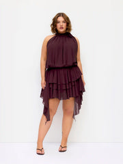 Chiffon Halter Neck Ruffled Ruched Mini Dress Curve & Plus