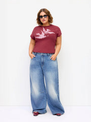 Cotton-blend Bird Graphic Raglan Sleeve Crop Tee Curve & Plus