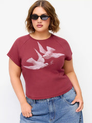 Cotton-blend Bird Graphic Raglan Sleeve Crop Tee Curve & Plus