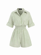 Cotton-Blend Striped Collar Shirred Waist Romper