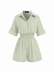 Cotton-Blend Striped Collar Shirred Waist Romper
