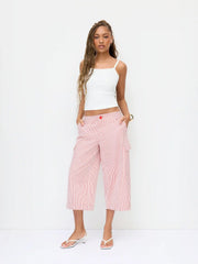 Cotton-blend Mid Rise Striped Cargo Barrel-leg Capri Trousers