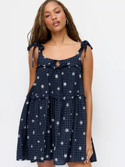 Cotton-blend Gingham Floral Graphic Bowknot Ruffled Tiered Oversized Babydoll Mini Dress