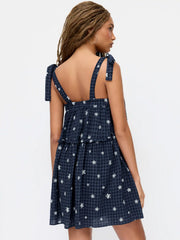 Cotton-blend Gingham Floral Graphic Bowknot Ruffled Tiered Oversized Babydoll Mini Dress