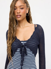 Knit Crochet Hollow Out Bell Sleeve Knotted Oversized Cardigan